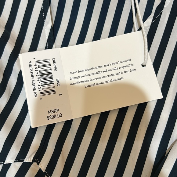 FRAME Navy Blue & White Striped Bubble Sleeve Shirt - Picture 3 of 3